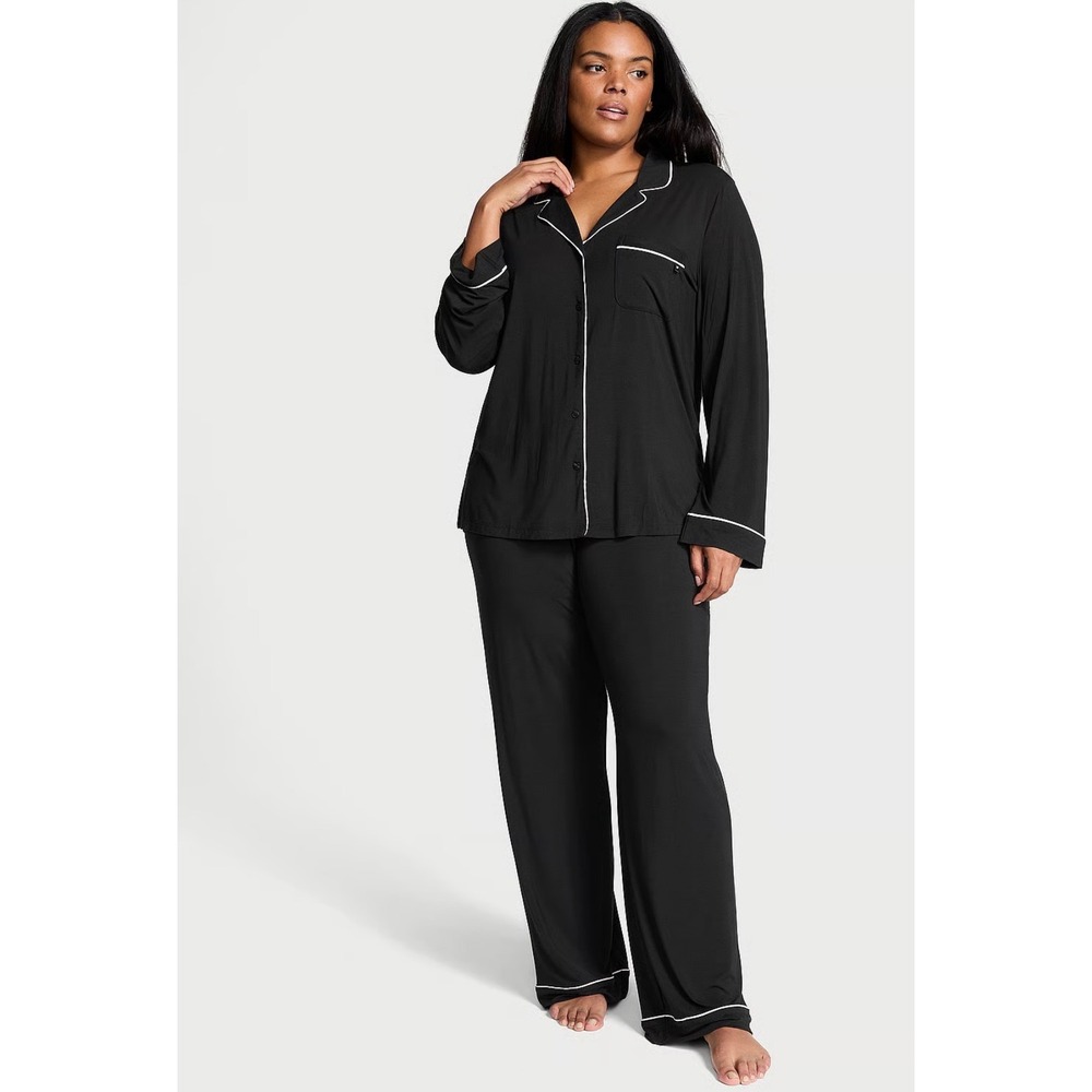 Victorias Secret Modal Long Pajama Set Black White Piping 2PC S/P 11250720